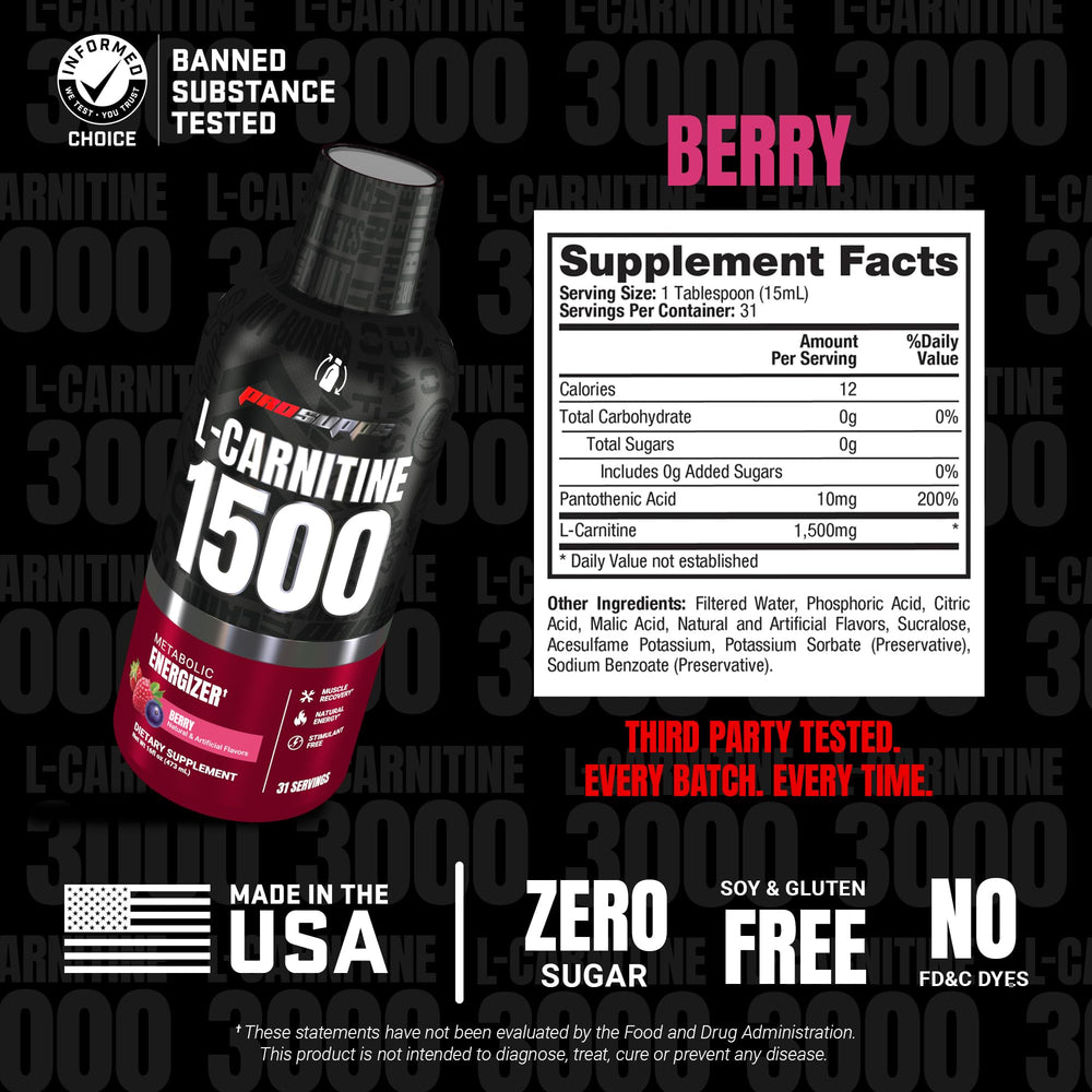 ProSupps L-Carnitine Liquid 1500 label closeup with ingredients and notes.