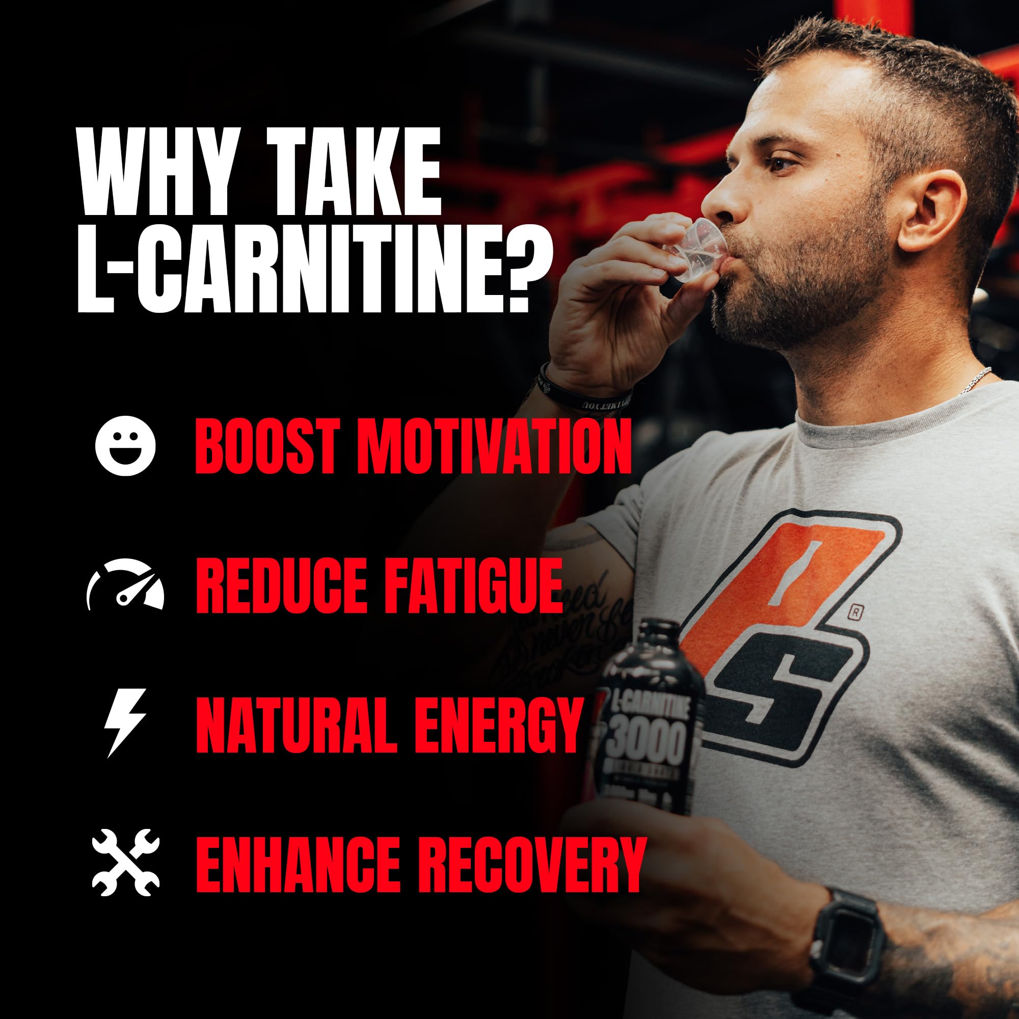 ProSupps L-Carnitine Liquid 3000 shot pour highlighting stimulant-free option.