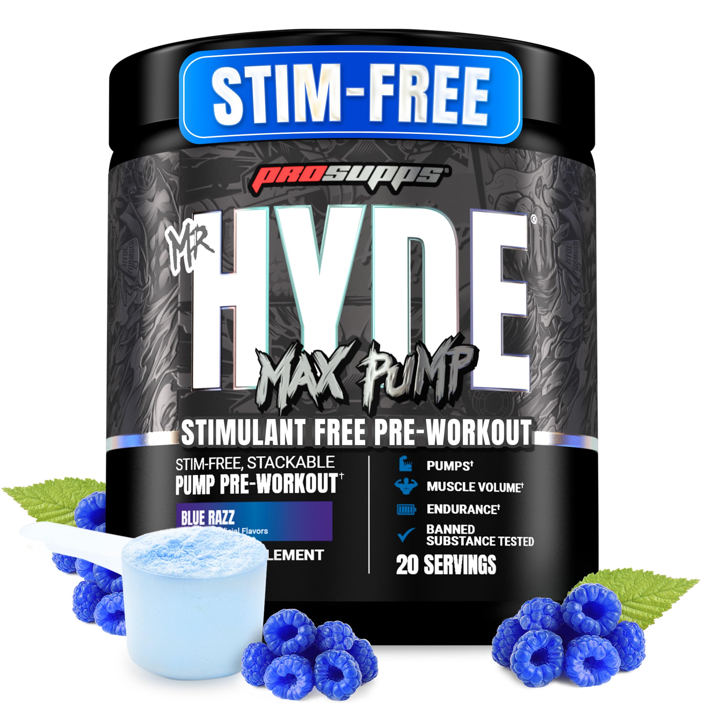 Prosupps Mr Hyde Max Pump blue razz bottle for caffeine-free pre-workout pumps.