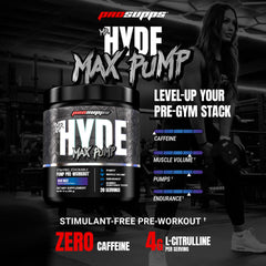 Prosupps Mr Hyde Max Pump scoop beside shaker for a caffeine-free endurance boost.