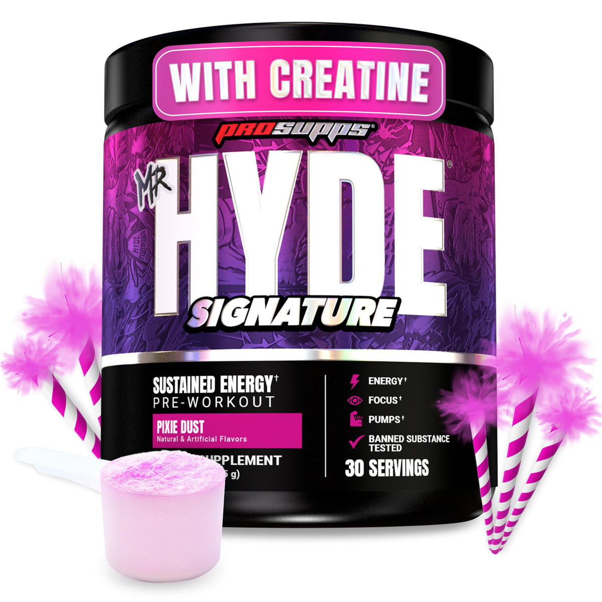 ProSupps Mr. Hyde Signature powder with scoop for a quick pre-workout energy boost.