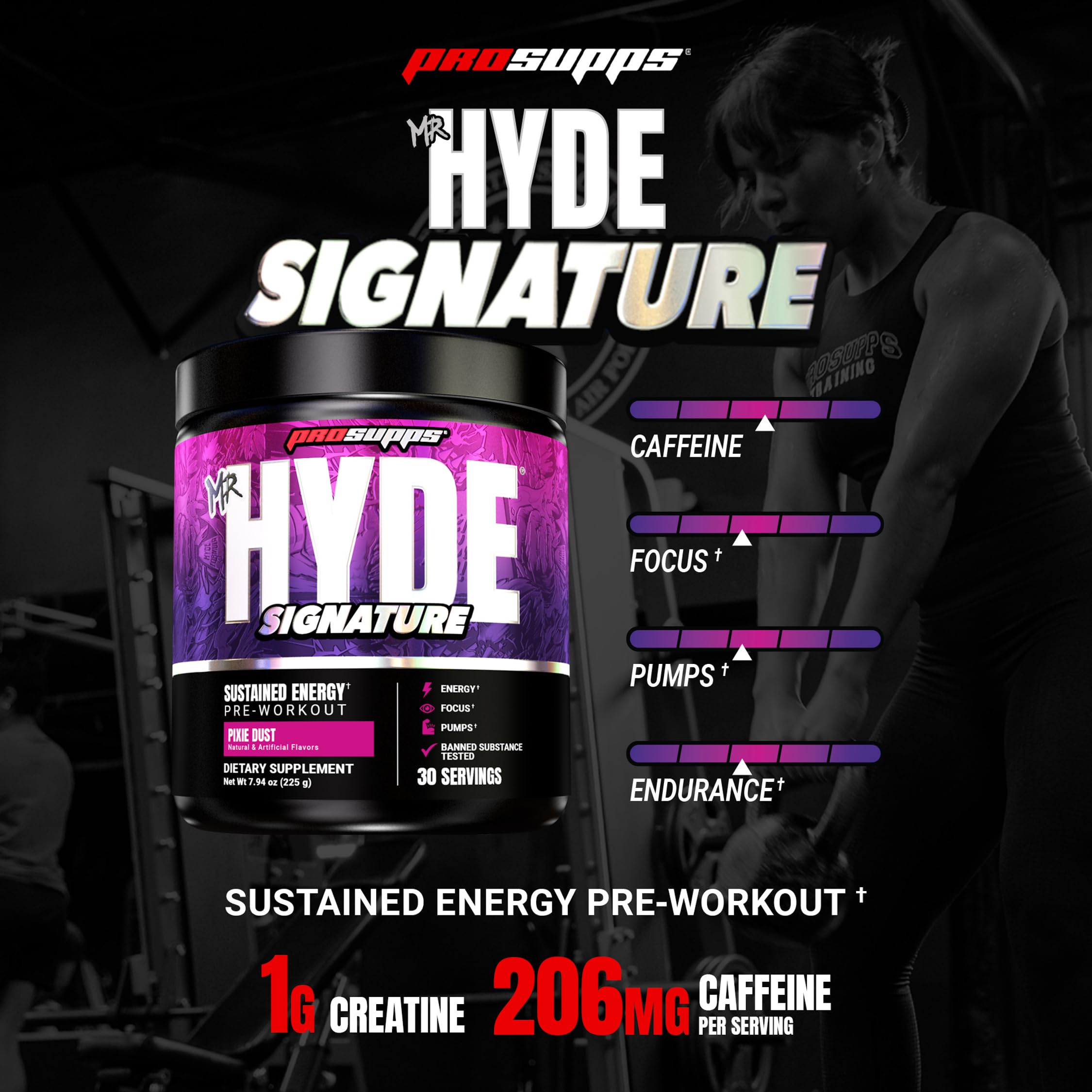 Prosupps Mr. Hyde Signature tub displays Pixie Dust flavor and clean label.