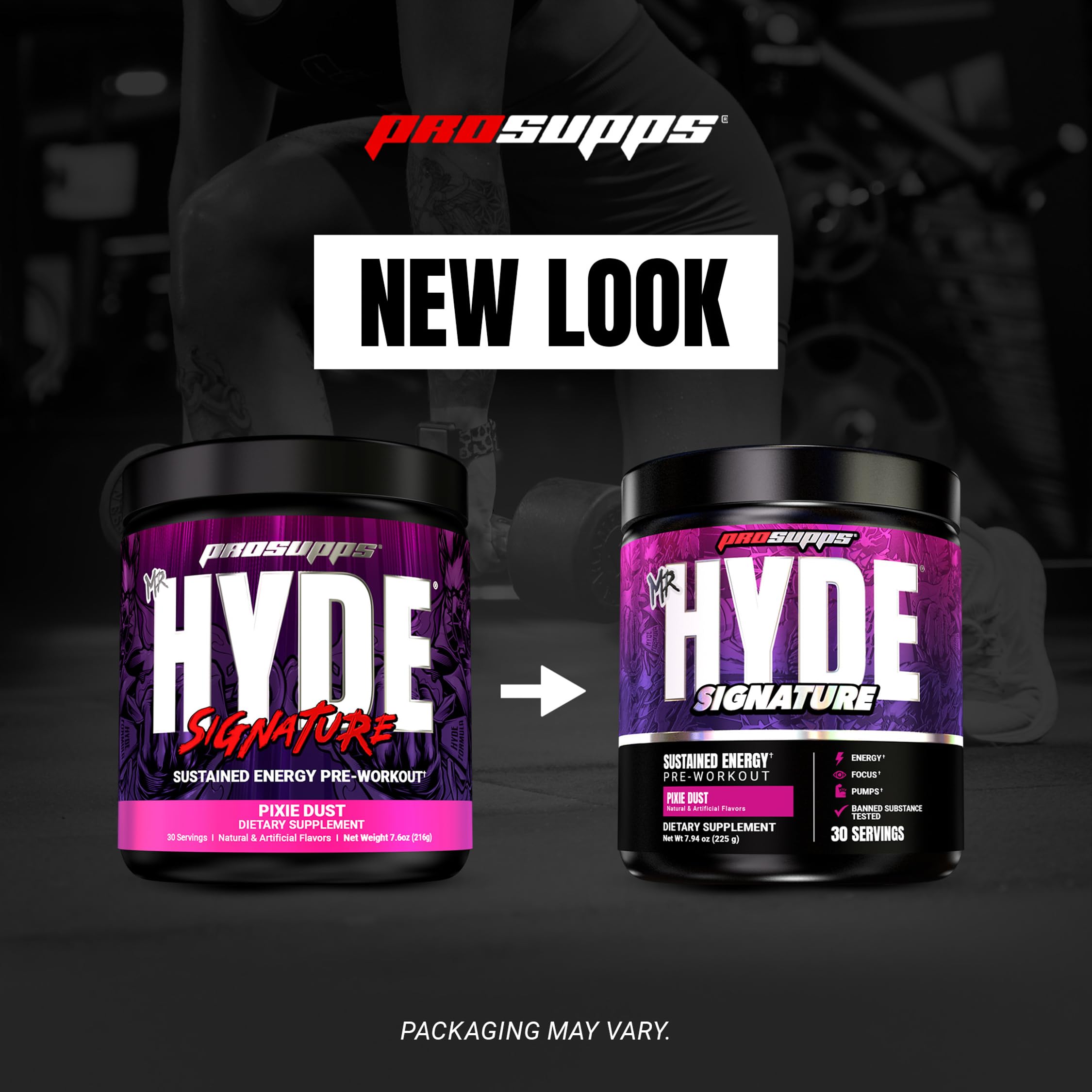 Workout-focused ProSupps pre-workout energizing user in gym setting.