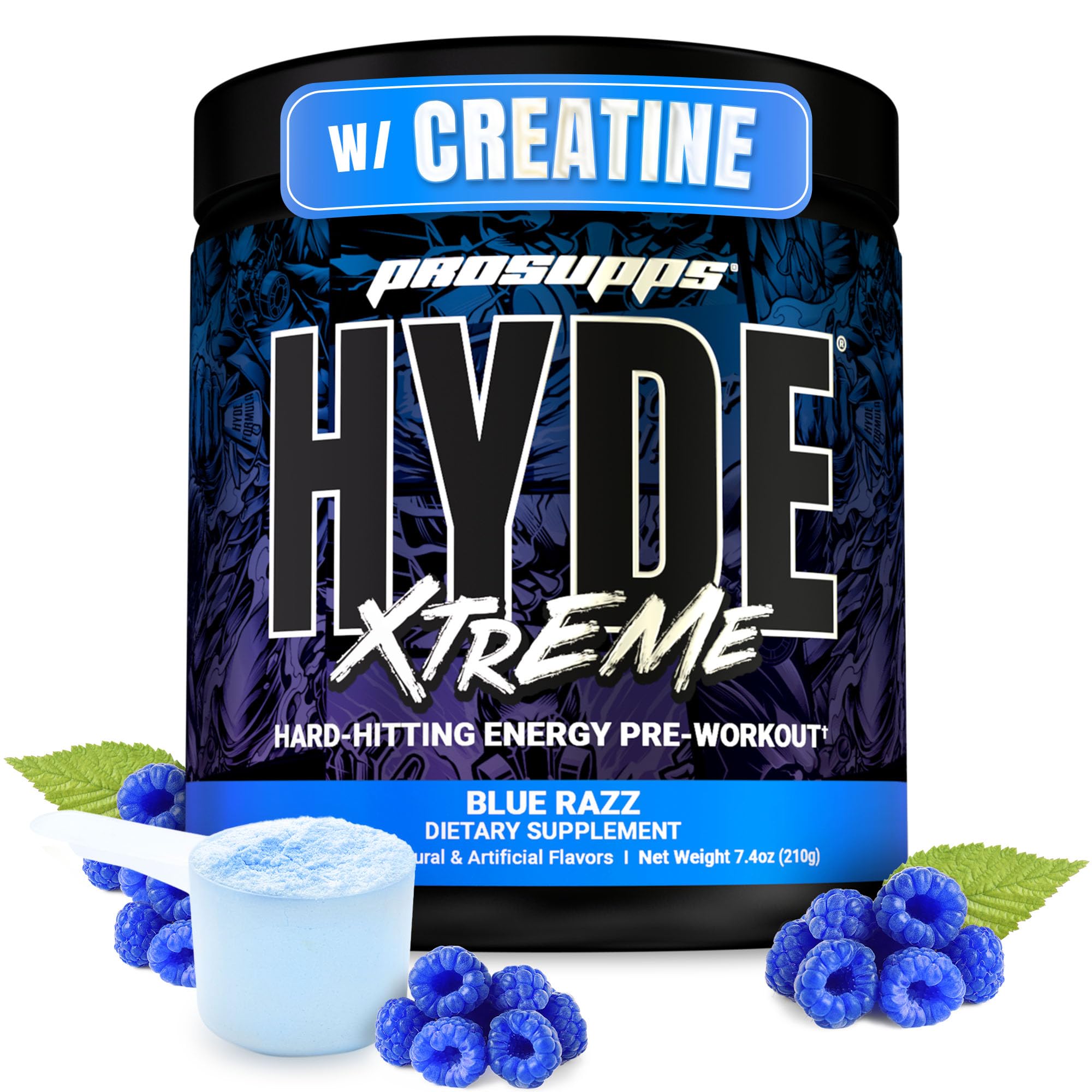 Prosupps Mr. Hyde Xtreme blue razz tub front highlights bold energy