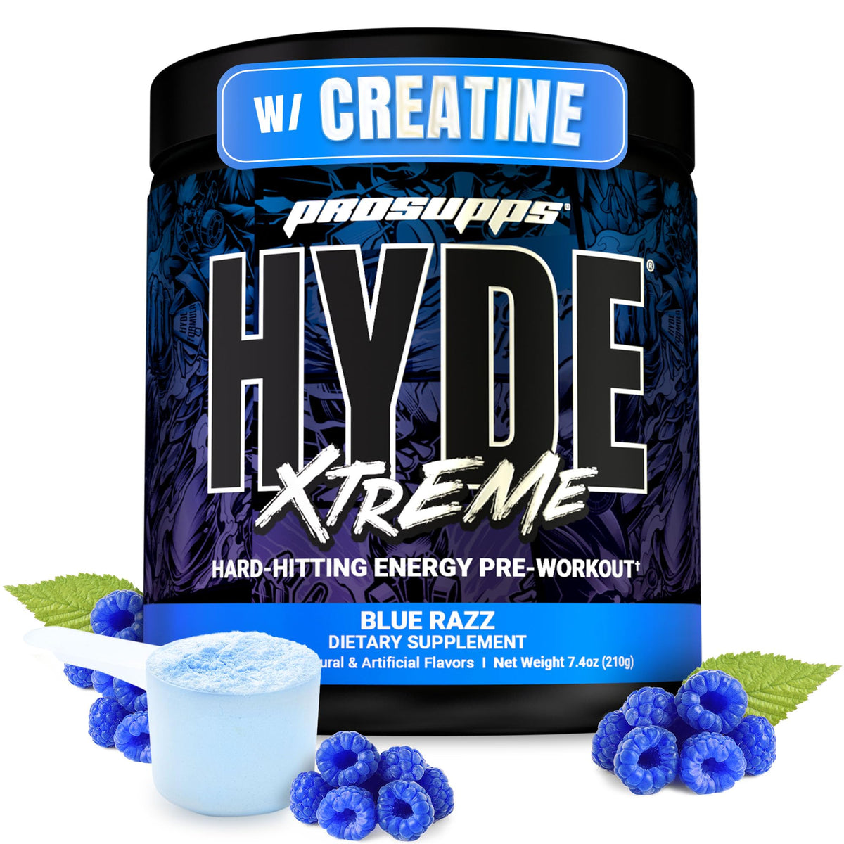Prosupps Mr. Hyde Xtreme blue razz tub front highlights bold energy