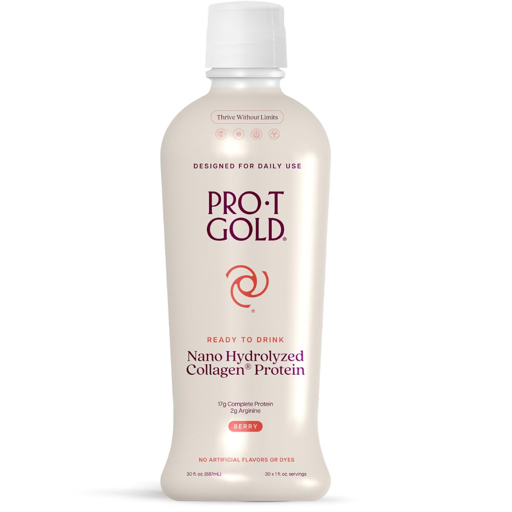 ProT Gold liquid collagen shot bottle labeled berry flavor for post-workout nourishment.