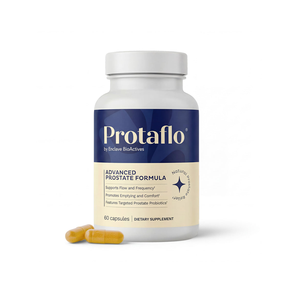Protaflo Prostate bottle close-up showing daily urinary support capsules
