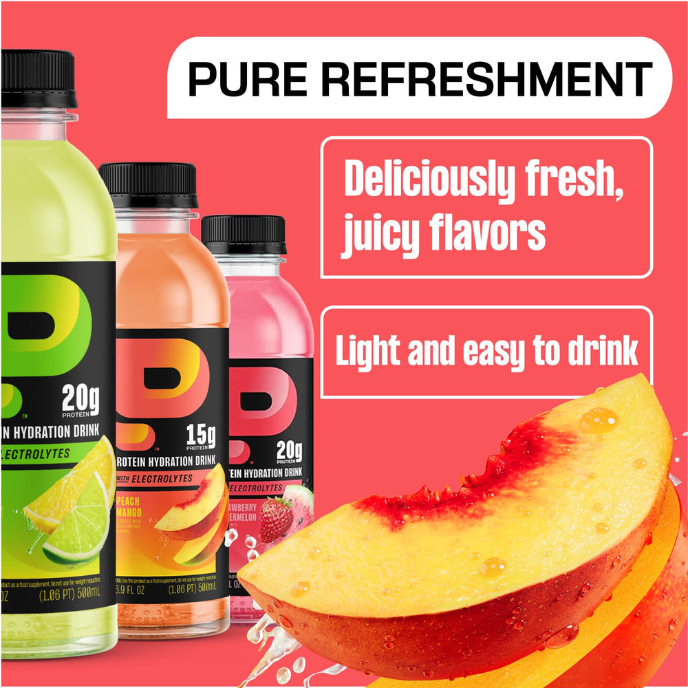 12-pack packaging for Protein2o Peach Mango ideal for gym bag stocking.