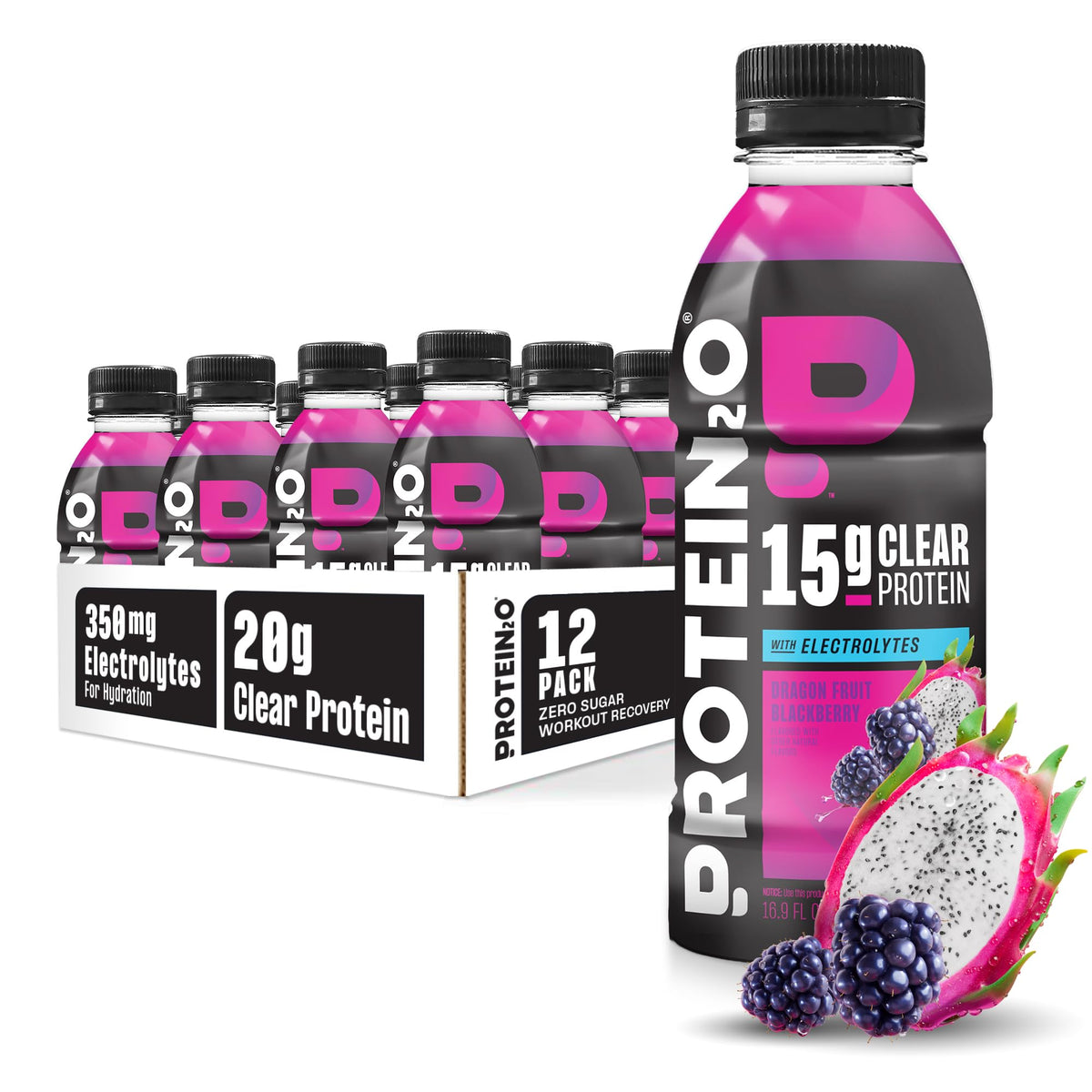 Protein2o Dragon Fruit Blackberry can showing refreshing hydration with 15g protein.
