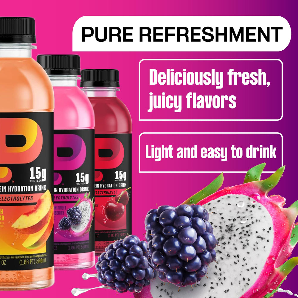 Protein2o Dragonfruit Blackberry glass conveys vibrant flavor and balanced electrolytes.