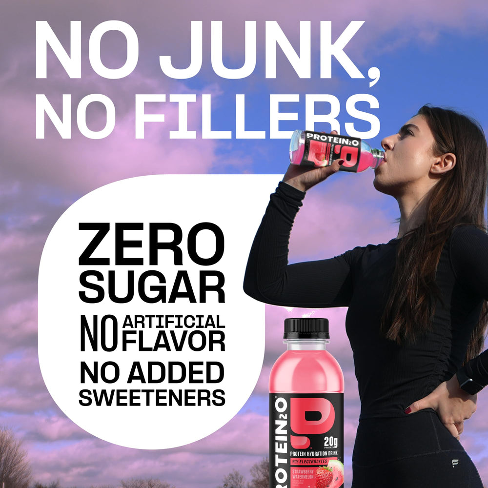 Protein2o electrolytes boost bottle to highlight balanced hydration after training.