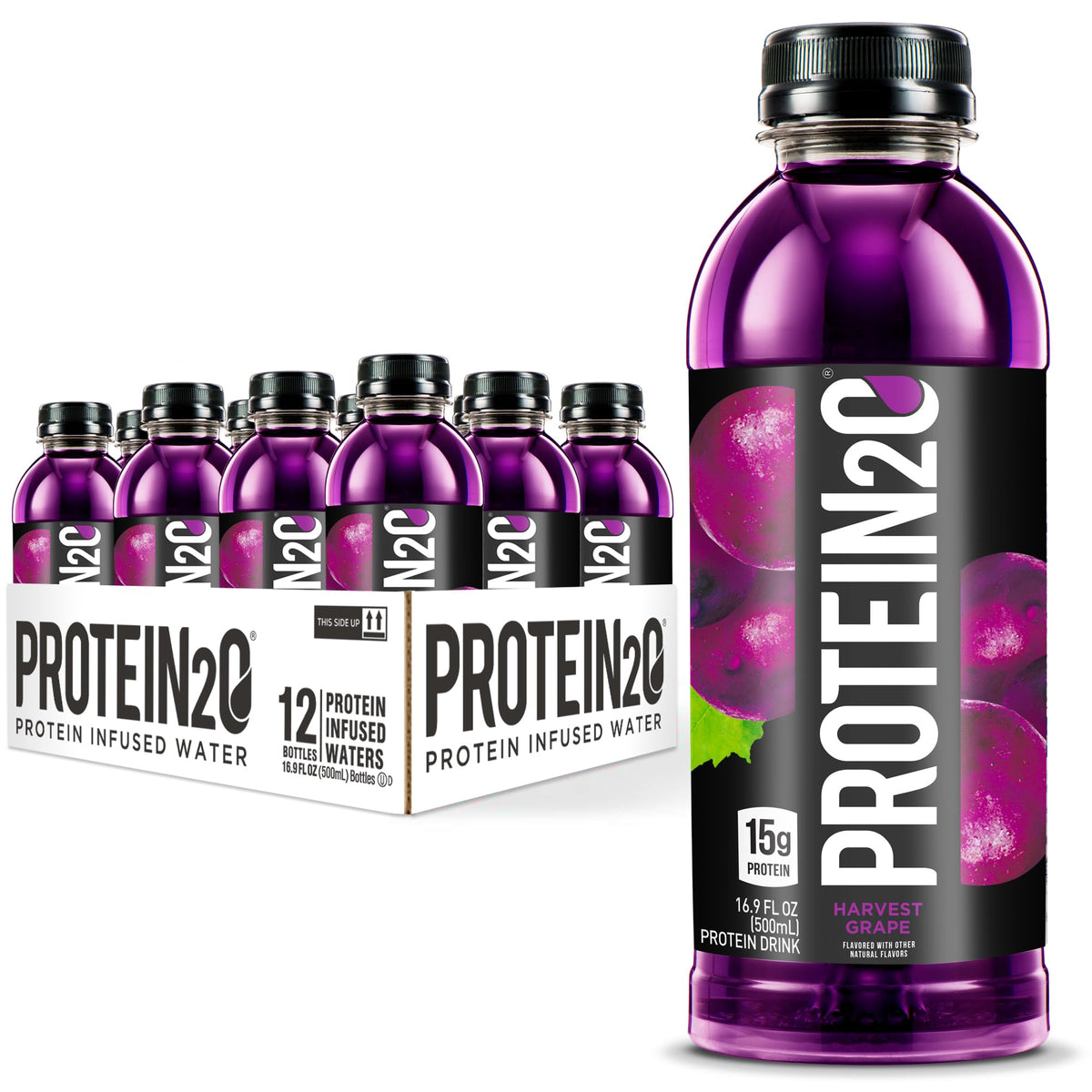 Protein2o Harvest Grape bottle front showing zero sugar and 15g protein per serving