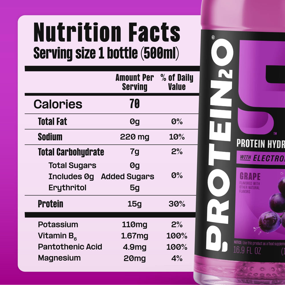 Protein2o Hydration bottle close-up shows protein label and electrolytes support your workout.