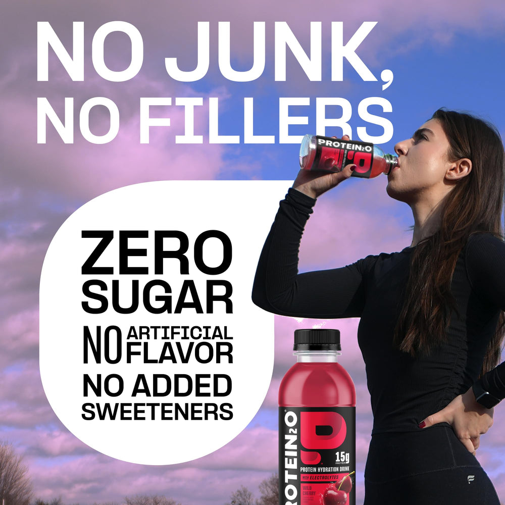 Protein2o hydration wild cherry bottle, vibrant flavor visual.