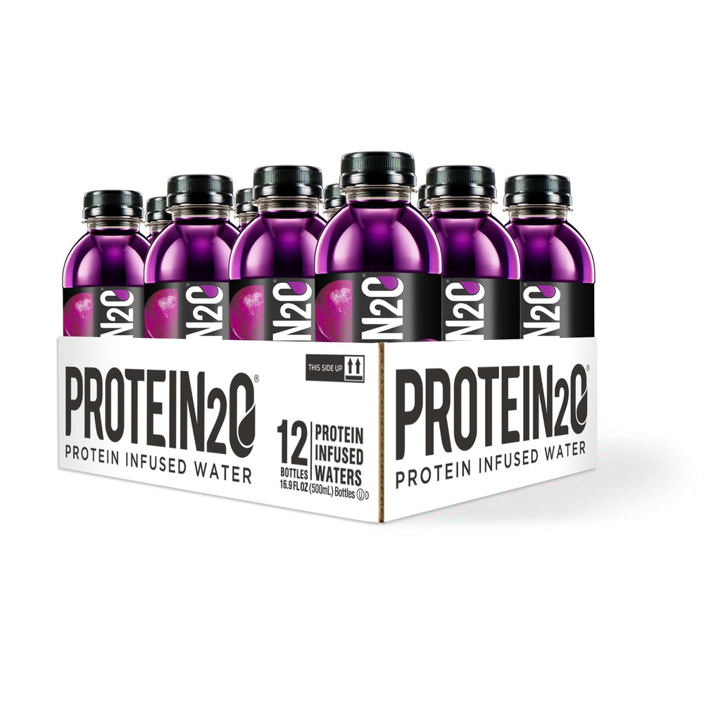 Protein2o infused water bottle front label emphasizes gluten-free and lactose-free formula
