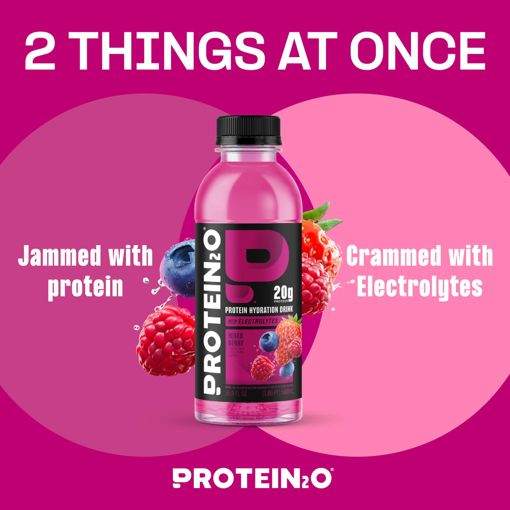 Protein2o mixed berry flavor can illustrating tasty, low-sugar hydration after workouts.