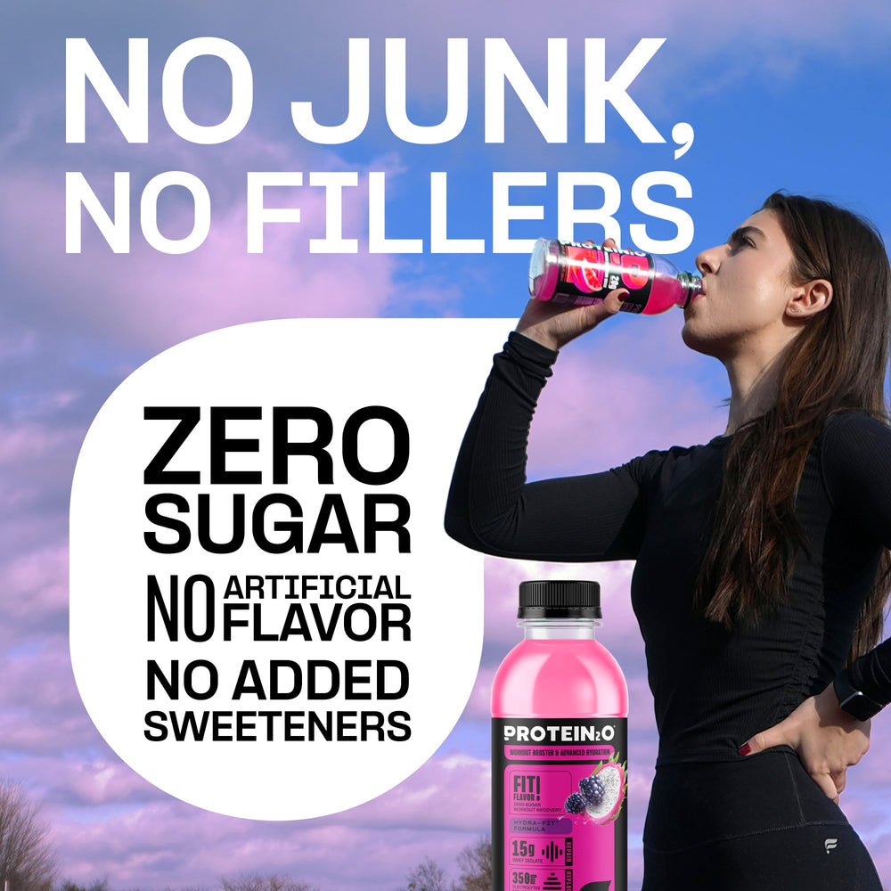 Protein2o on-the-go bottle in gym bag for quick protein boost.