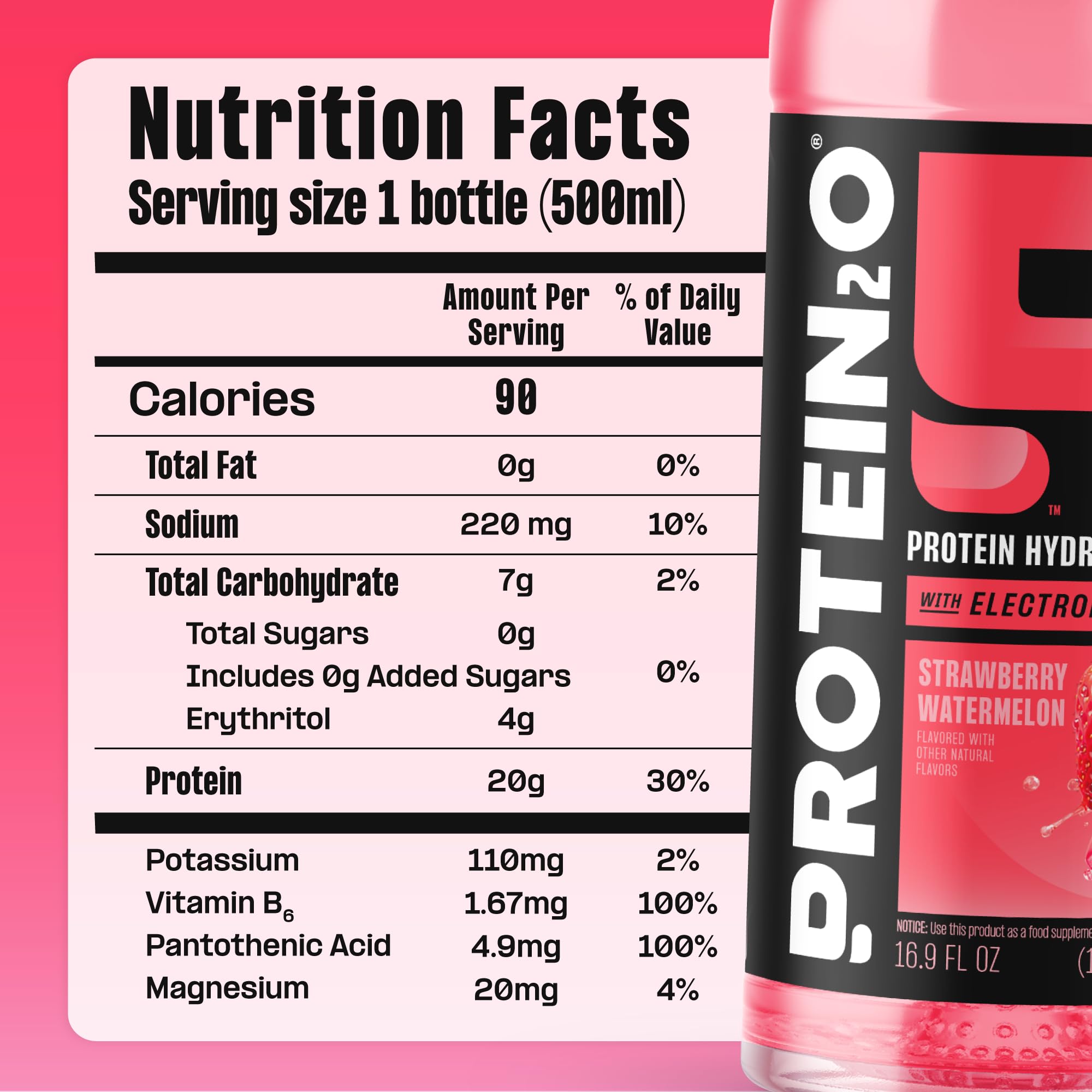 Protein2o on-the-go hydration bottle shown with cold glass and active lifestyle.
