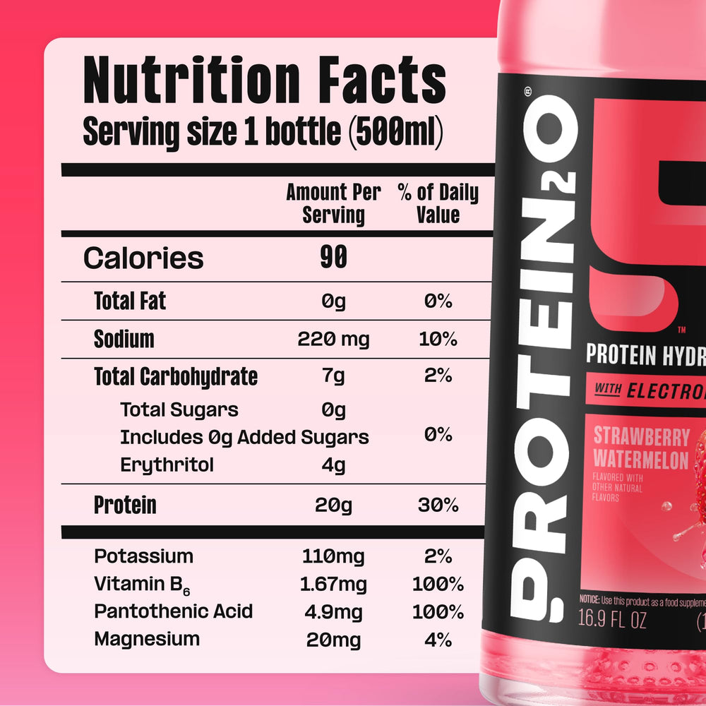Protein2o on-the-go hydration bottle shown with cold glass and active lifestyle.