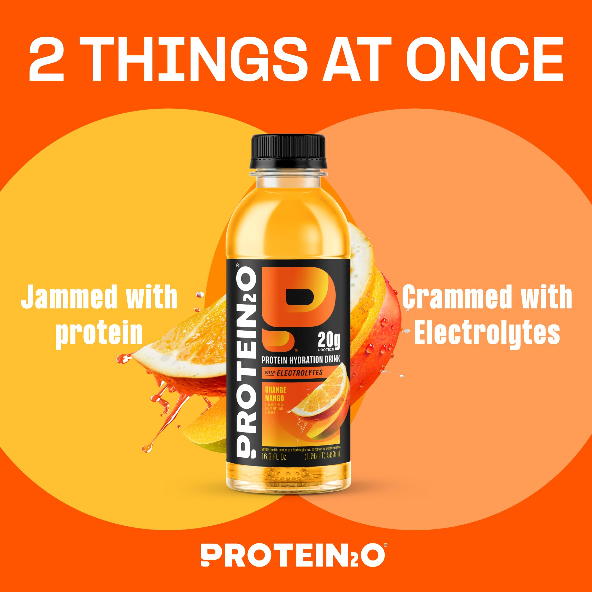 Protein2o Orange Mango bottle back reveals nutrition facts and electrolyte content.