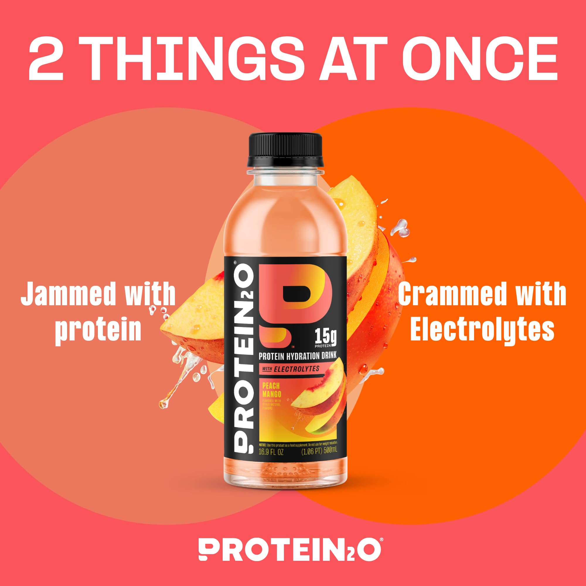 Close-up of Protein2o Peach Mango label shows zero sugar and clean ingredients.