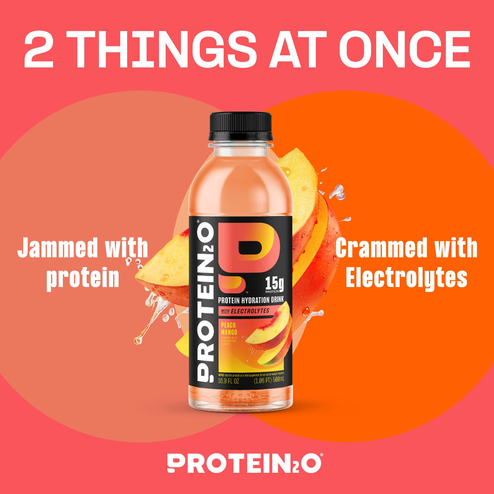 Close-up of Protein2o Peach Mango label shows zero sugar and clean ingredients.