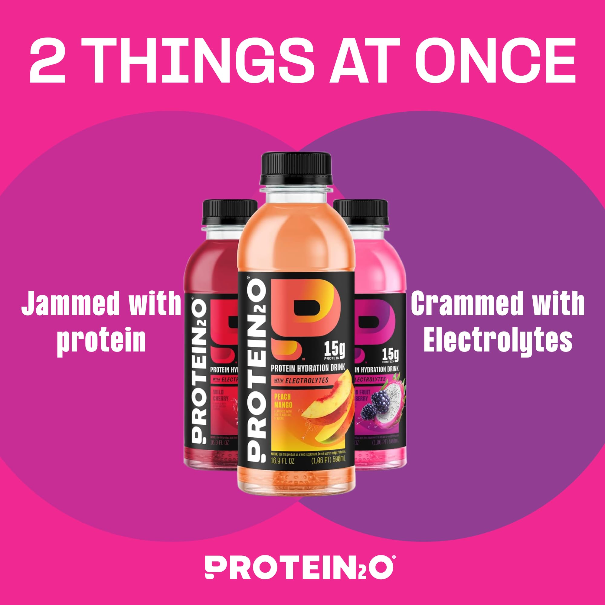 Protein2o Peach Mango glass highlights fruity flavor and clean ingredients.