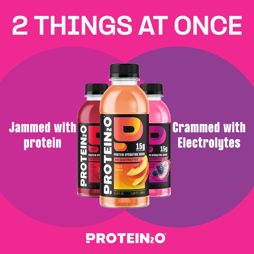 Protein2o Peach Mango glass highlights fruity flavor and clean ingredients.