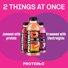 Protein2o Peach Mango glass highlights fruity flavor and clean ingredients.