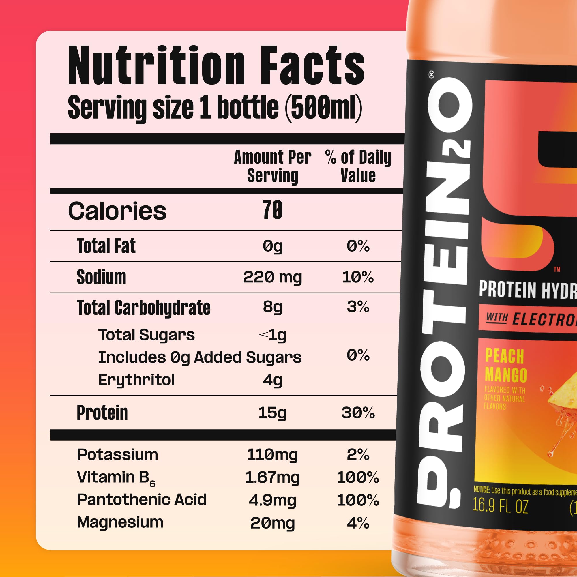 Pour of Protein2o Peach Mango captures a crisp, post-workout refreshment.