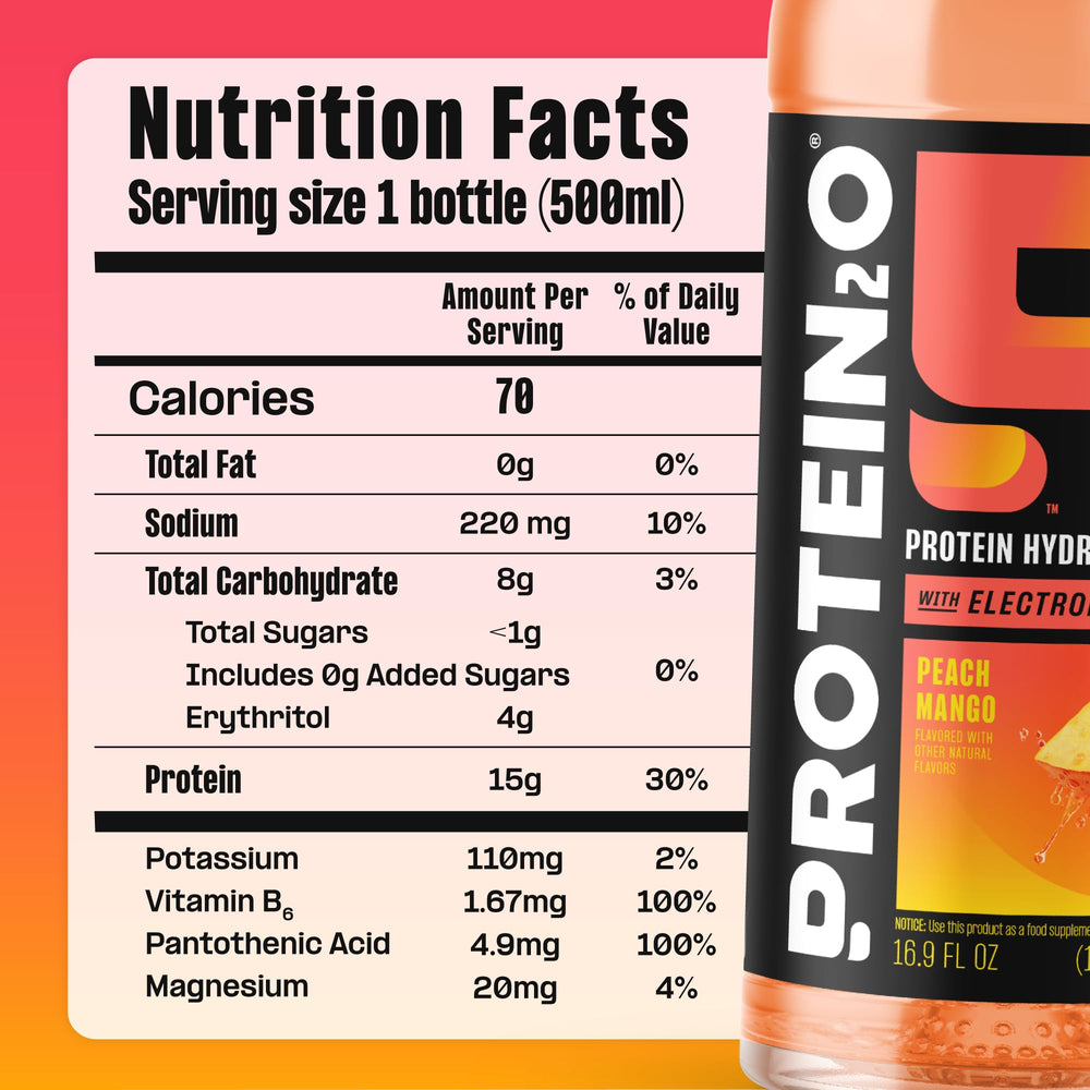 Pour of Protein2o Peach Mango captures a crisp, post-workout refreshment.