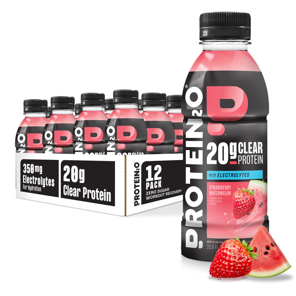 Protein2o Strawberry Watermelon bottle pouring for refreshing hydration with protein.