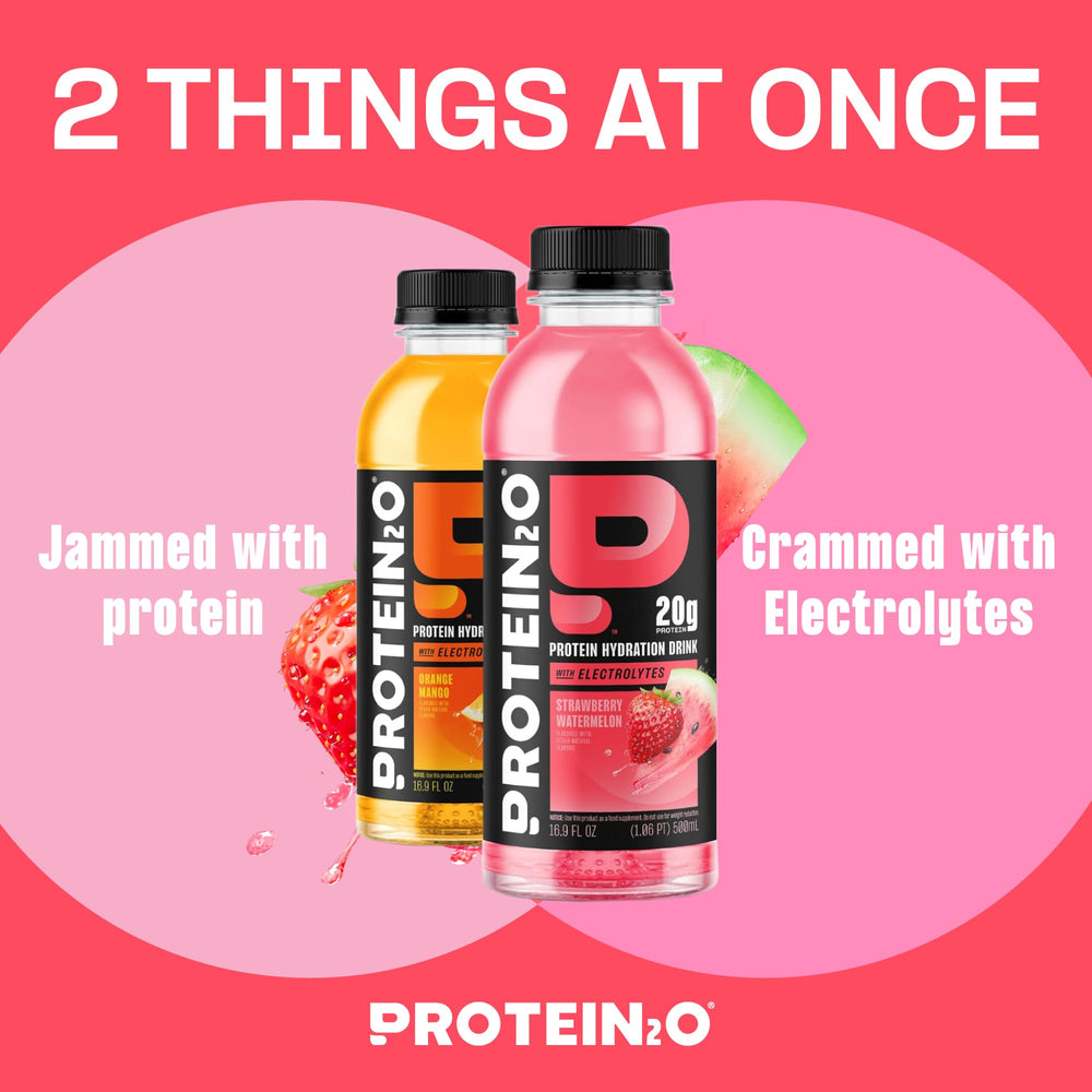 Protein2o strawberry watermelon glass sip highlights light taste and clean protein on the go.