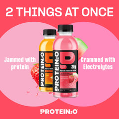 Protein2o strawberry watermelon glass sip highlights light taste and clean protein on the go.