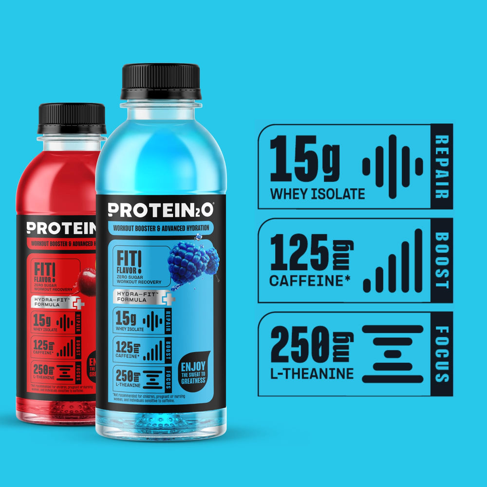 Protein2o sugar-free label highlights zero sugar and a light calorie option.