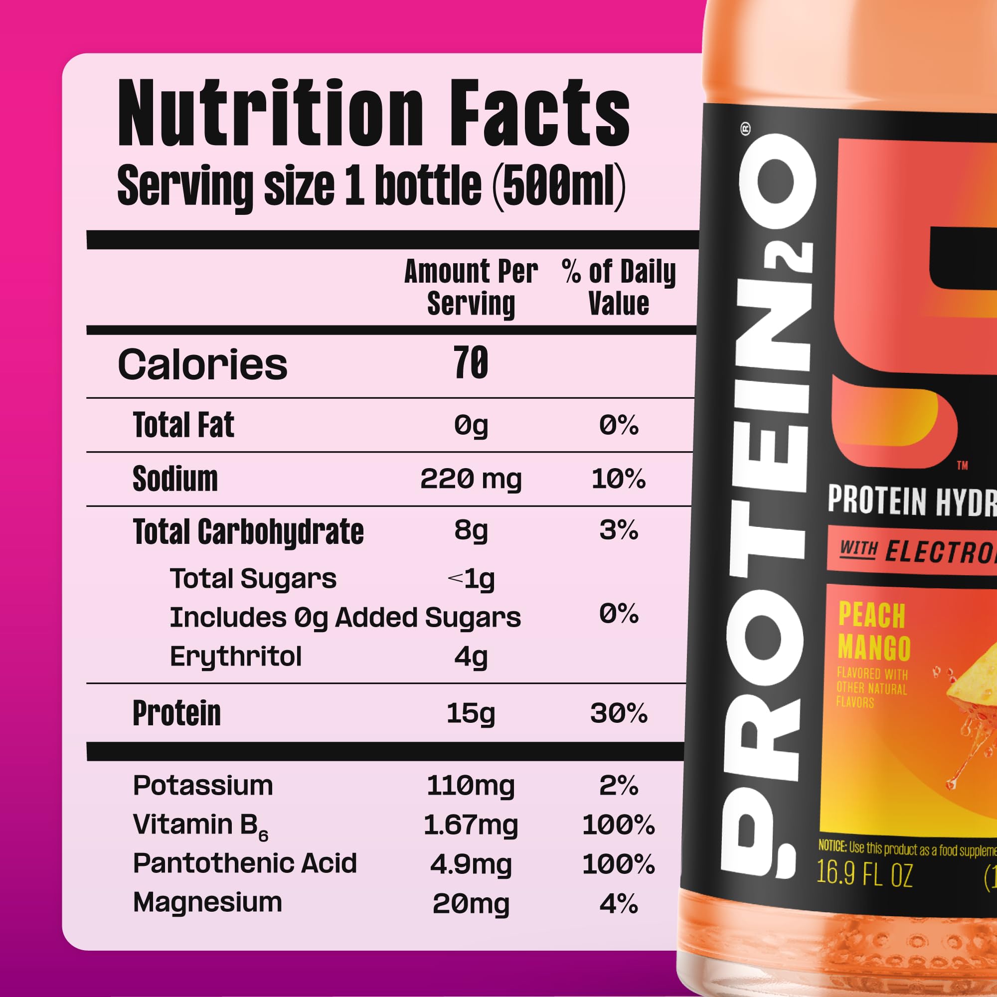 Protein2o whey isolate close-up emphasizes clear protein water concept.