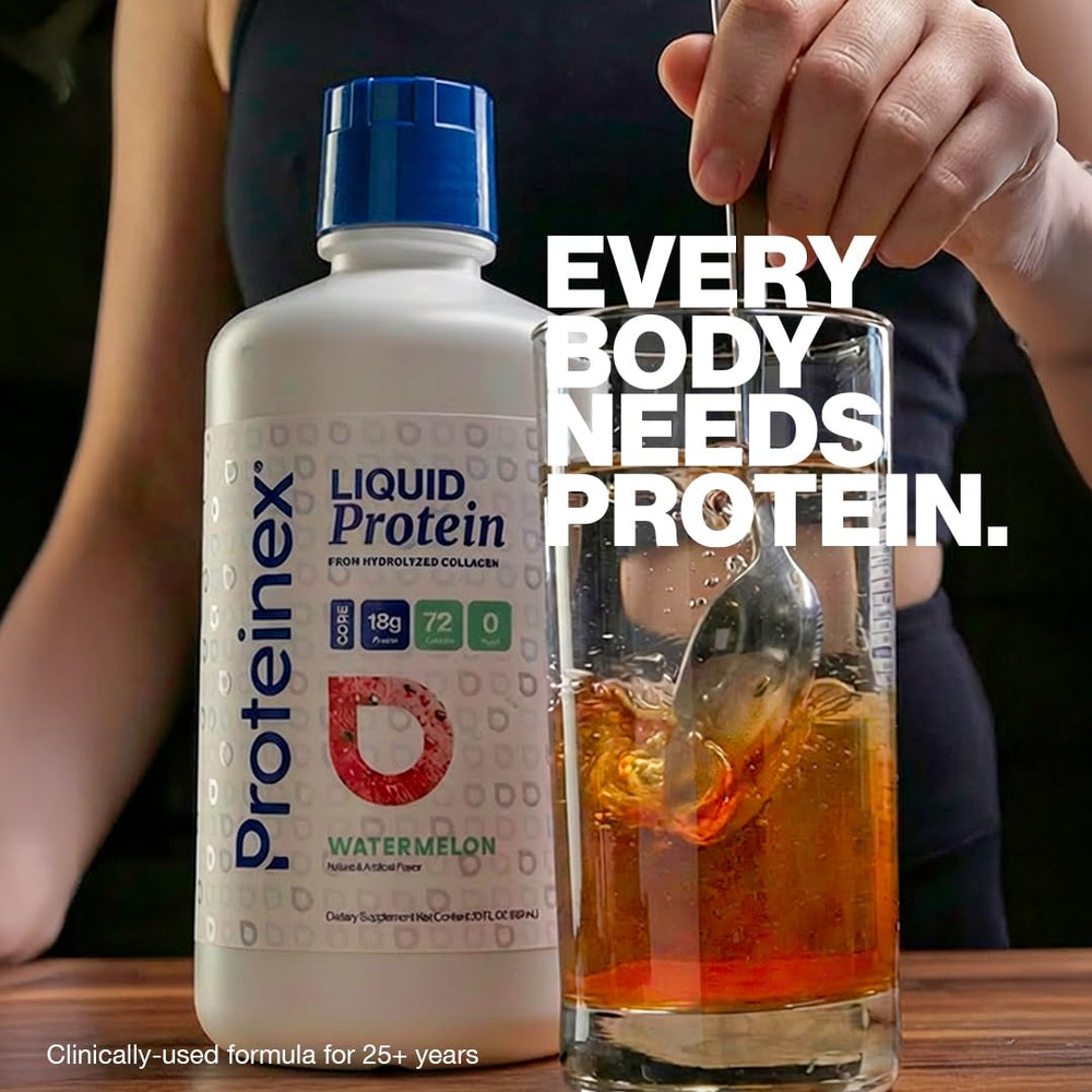 Proteinex bottle on ice implies ready-to-drink convenience for anytime use.
