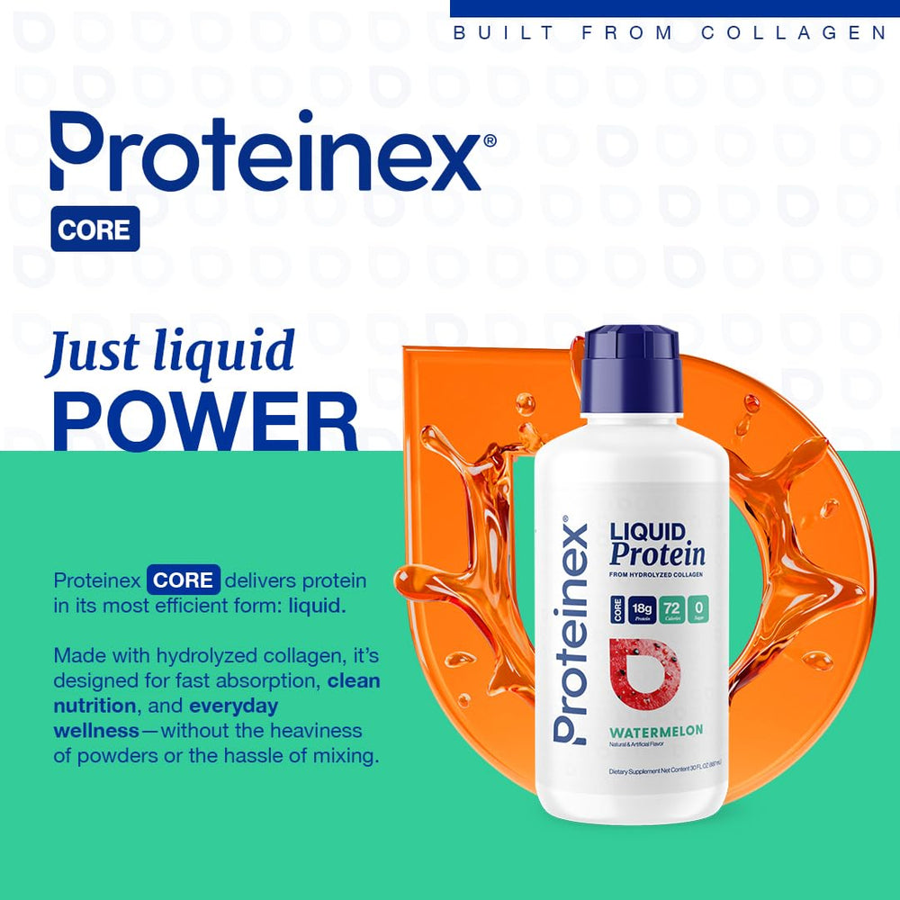 Proteinex watermelon collagen bottle pours into a glass highlighting easy serving.