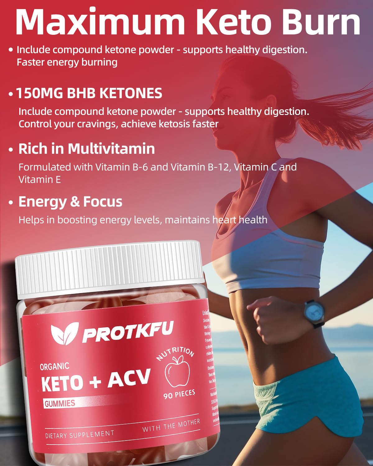 ProTKFU Keto ACV Gummies bottle back label highlights ingredients and vegan, non-GMO benefits.