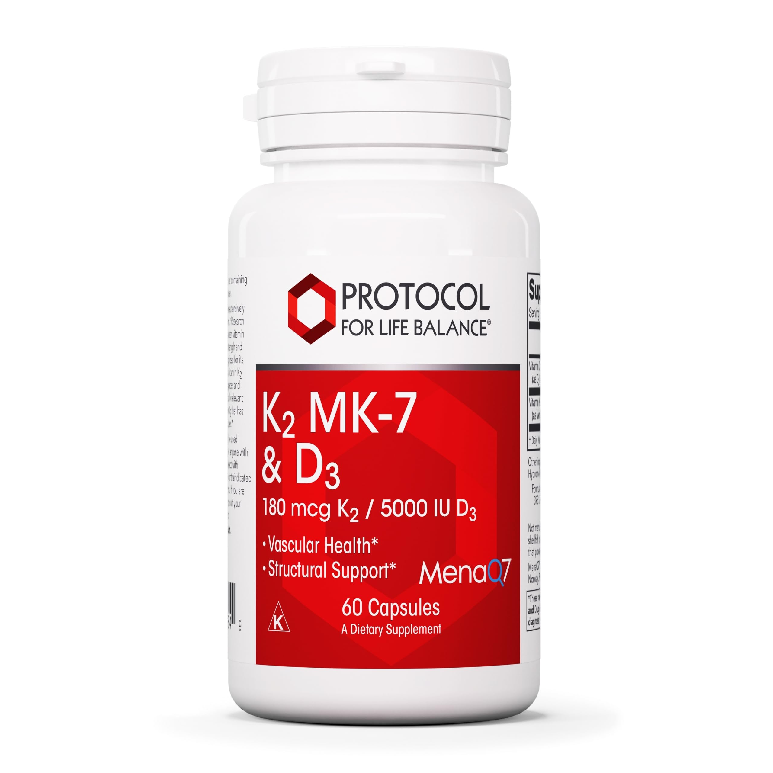Protocol For Life Balance bottle front view highlighting K2 MK-7 and D3 for bone health support