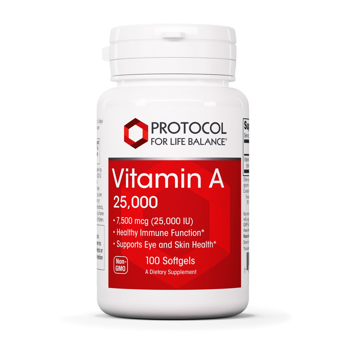PROTOCOL FOR LIFE BALANCE Vitamin A 25,000 IU bottle with softgels highlighting eye support potential