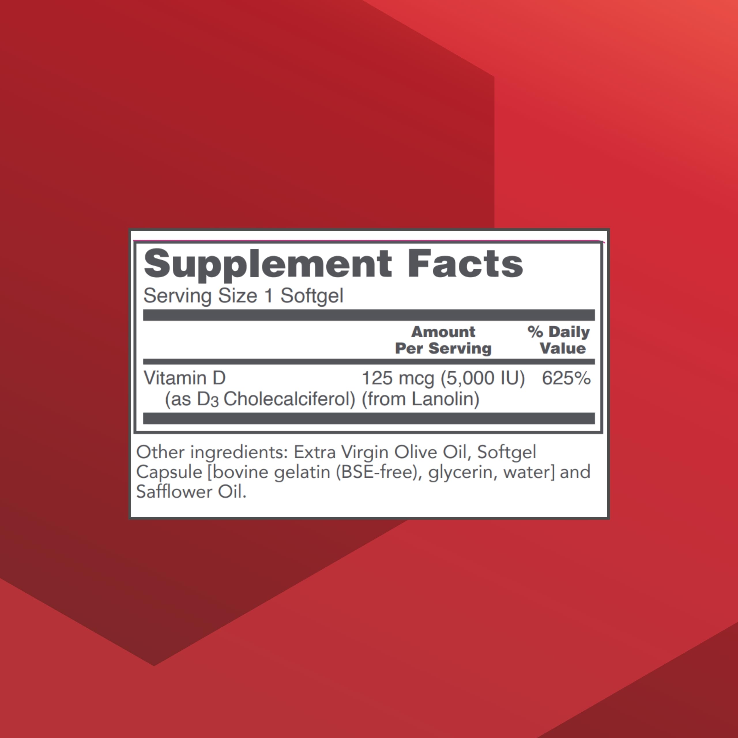 PROTOCOL FOR LIFE BALANCE Vitamin D3 5000 IU label close-up detailing dosage for bone support.