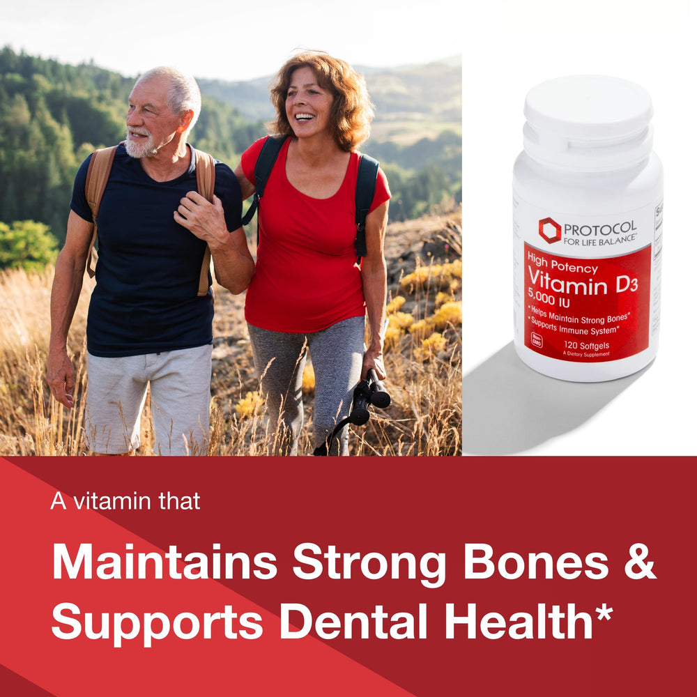 PROTOCOL FOR LIFE BALANCE Vitamin D3 5000 IU pouring softgels showing easy daily intake.