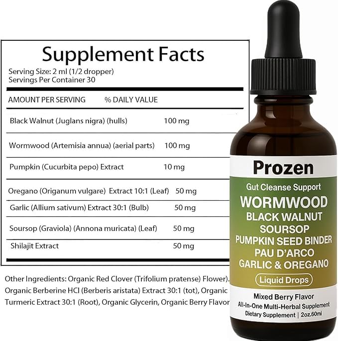 PROZEN botanical blend ingredients panel features wormwood, black walnut, and clove.