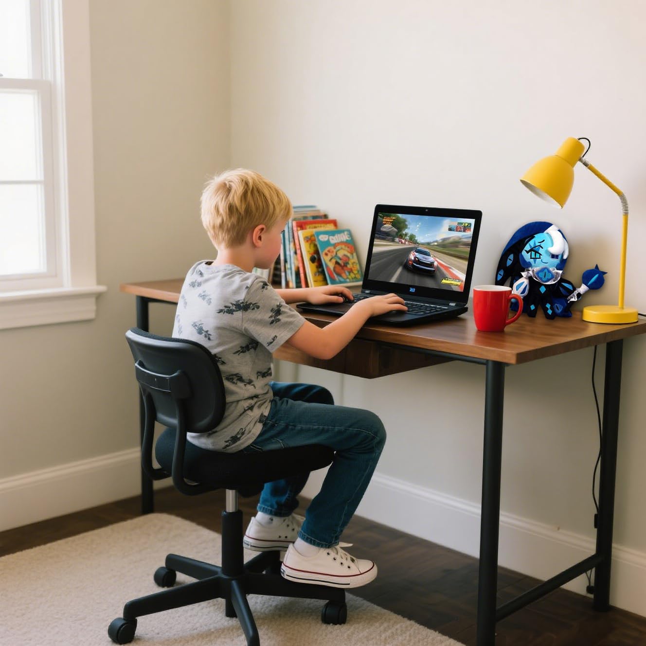 PRWLGFB Shadow Milk Cookie plush on desk setup with controllers for daily play.