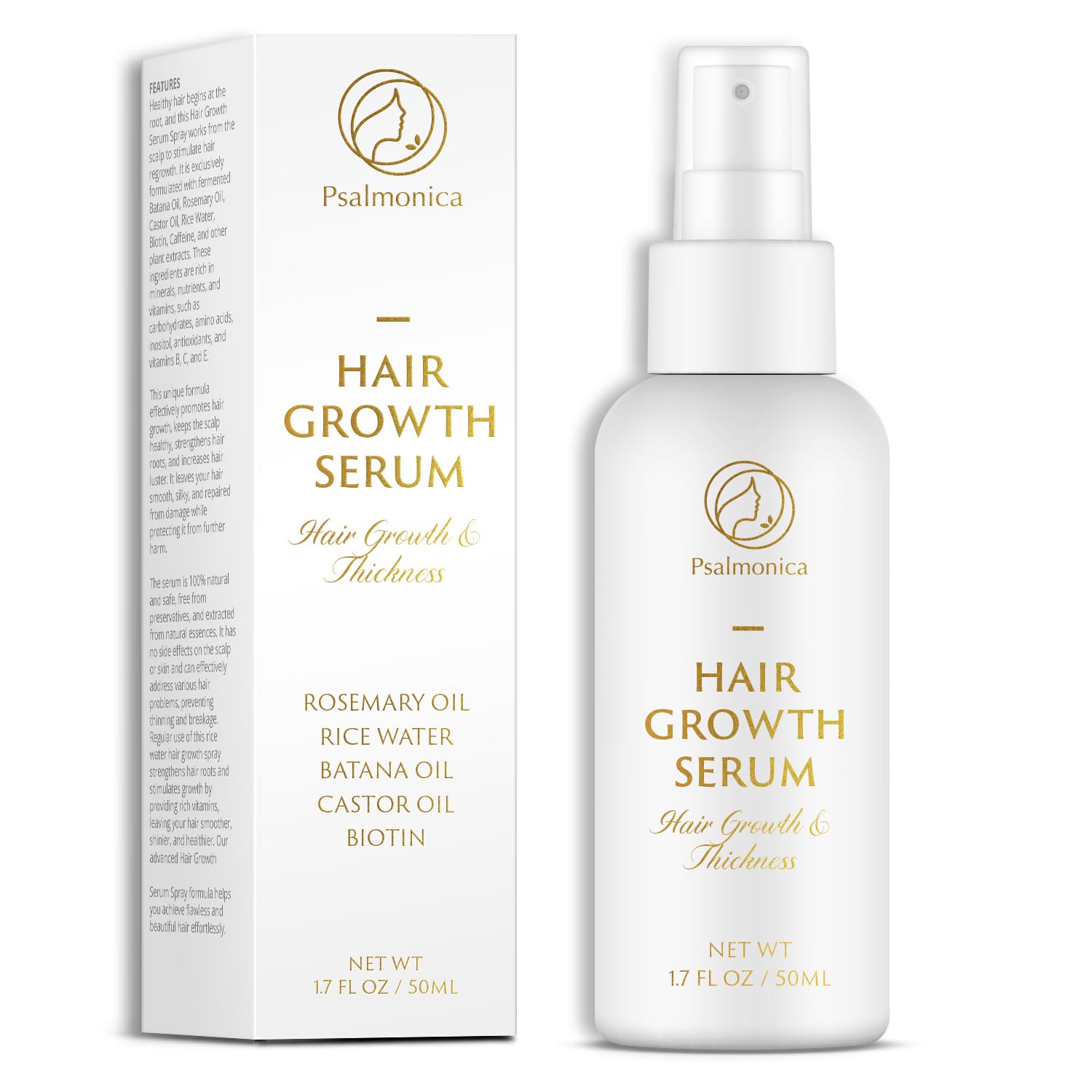 Psalmonica Hair Growth Serum bottle highlighting rosemary-infused formula for nourished scalp