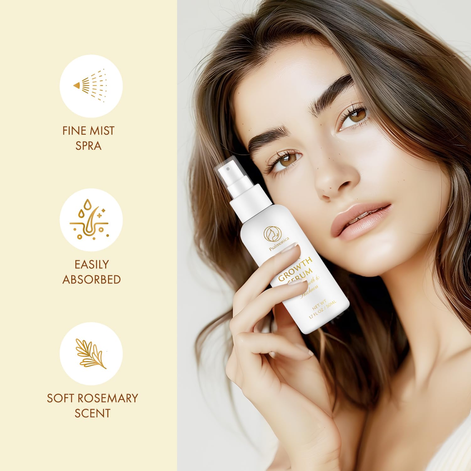 Psalmonica Hair Growth Serum being sprayed on scalp demonstrating lightweight mist absorption
