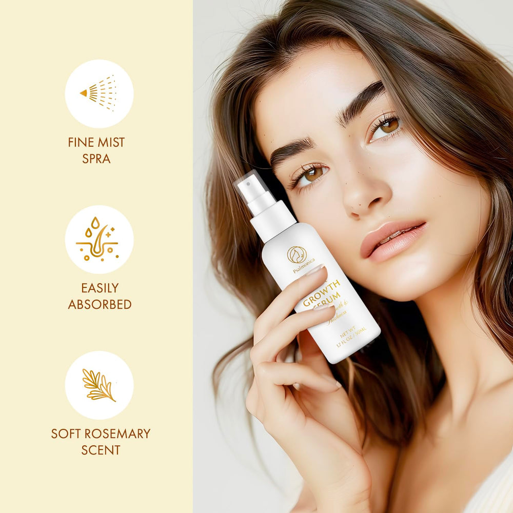 Psalmonica Hair Growth Serum being sprayed on scalp demonstrating lightweight mist absorption