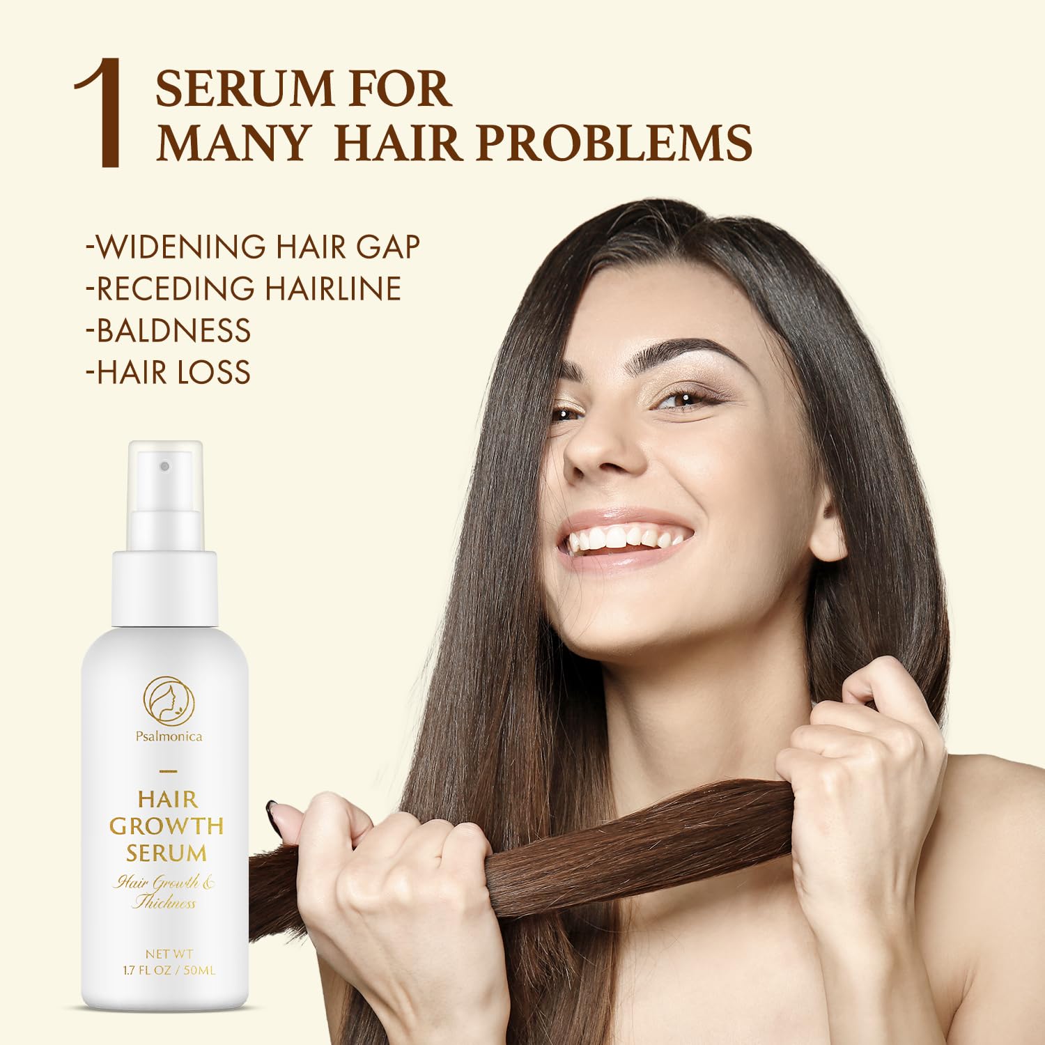 Psalmonica Hair Growth Serum spray bottle demonstrated for precise scalp application