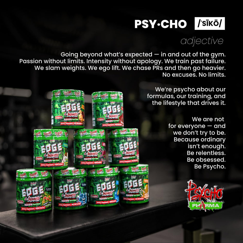 Psycho Pharma Edge of Insanity capsules pictured beside a measuring scoop.